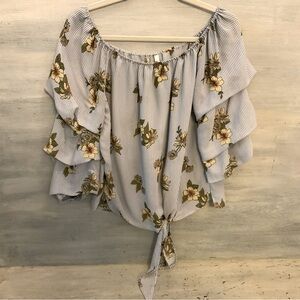 Truth Pin Stripe Floral Print 3/4 Ballon Sleeve Tie Waist Blouse Like‎ New